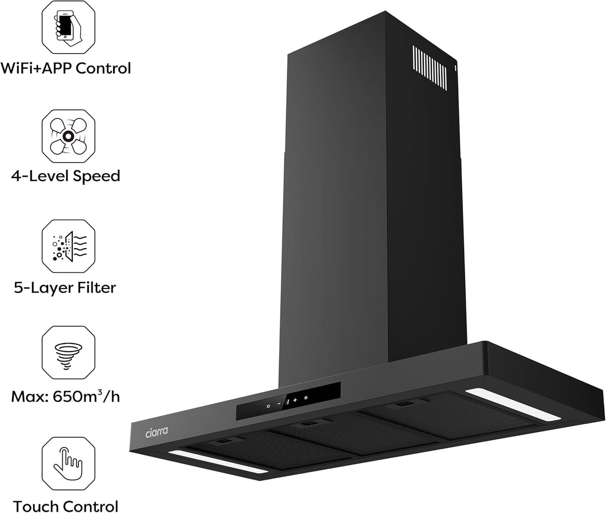 CIARRA CBCB9102-P A+++ Afzuigkap 90cm Recirculatielucht Afzuigkap 650m³/h Wi-Fi App Touch-bediening 4 niveaus Incl. booster Zwart