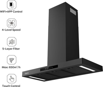 CIARRA CBCB9102-P A+++ Afzuigkap 90cm Recirculatielucht Afzuigkap 650m³/h Wi-Fi App Touch-bediening 4 niveaus Incl. booster Zwart