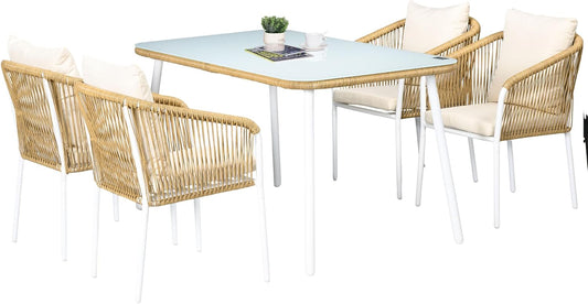 5-Delige Tuinset – Tuinmeubelen – Loungeset – Balkontuinset – Eettafelset – Stapelbare Stoelen – Comfortabele Kussens – Gehard Glas Tafelblad - QUORE