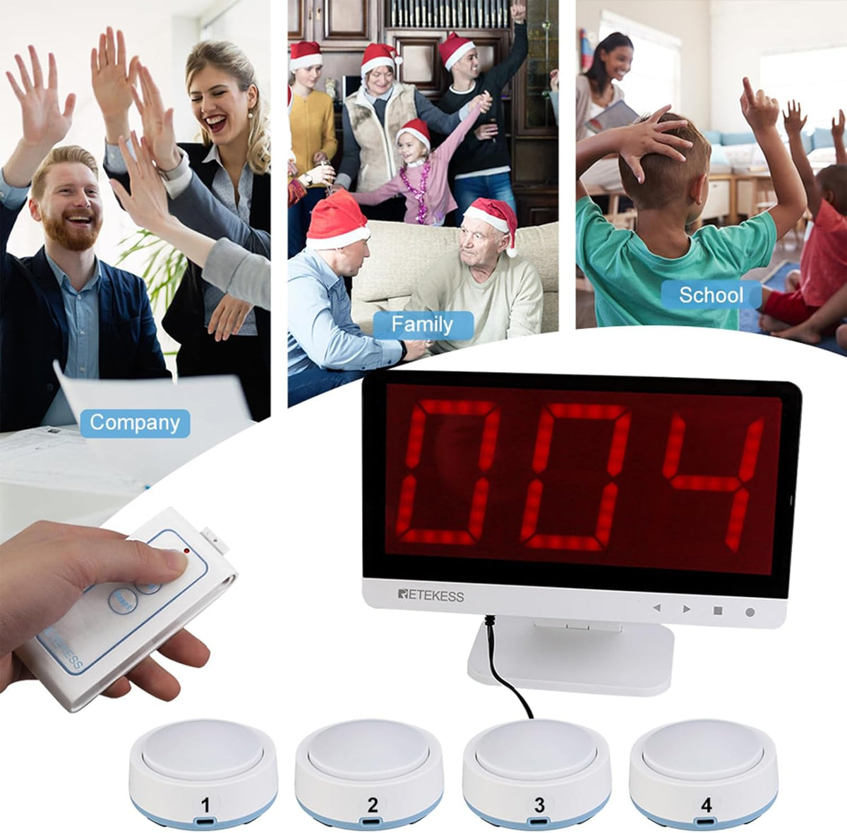 Retekess TM101 Draadloos Antwoordzoemersysteem Voor Lightning Rounds Kennisdebatwedstrijd (1 Display En 4 Antwoordzoemers En 1 Afstandsbediening)
