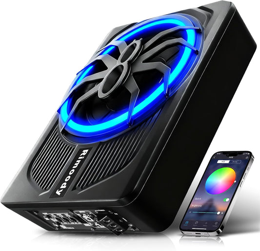 Rimoody 10 inch platte subwoofer actief - 1000 W Max Power, 120 W RMS, Bass Boost, inbouwset voor montage op de zitting van de stoel, voor auto