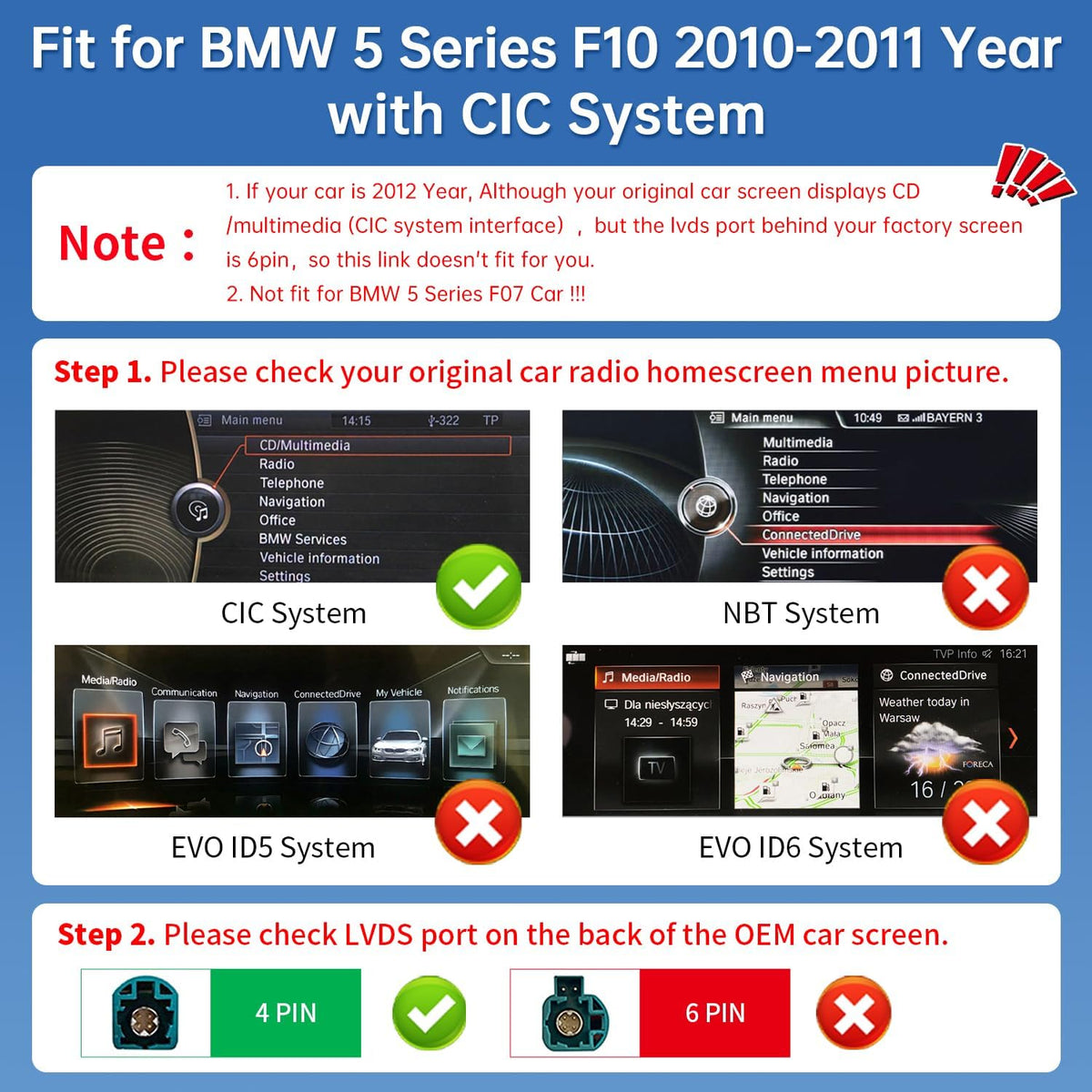 Road Top CarPlay Screen, 12.3 inch Car Radio Touch Screen for BMW 5 Series F10 with CIC System (2010-2011 year), Car Stereo with Narrow Bezel, Compatible with CarPlay/Android Car/MirrorLink - QUORE