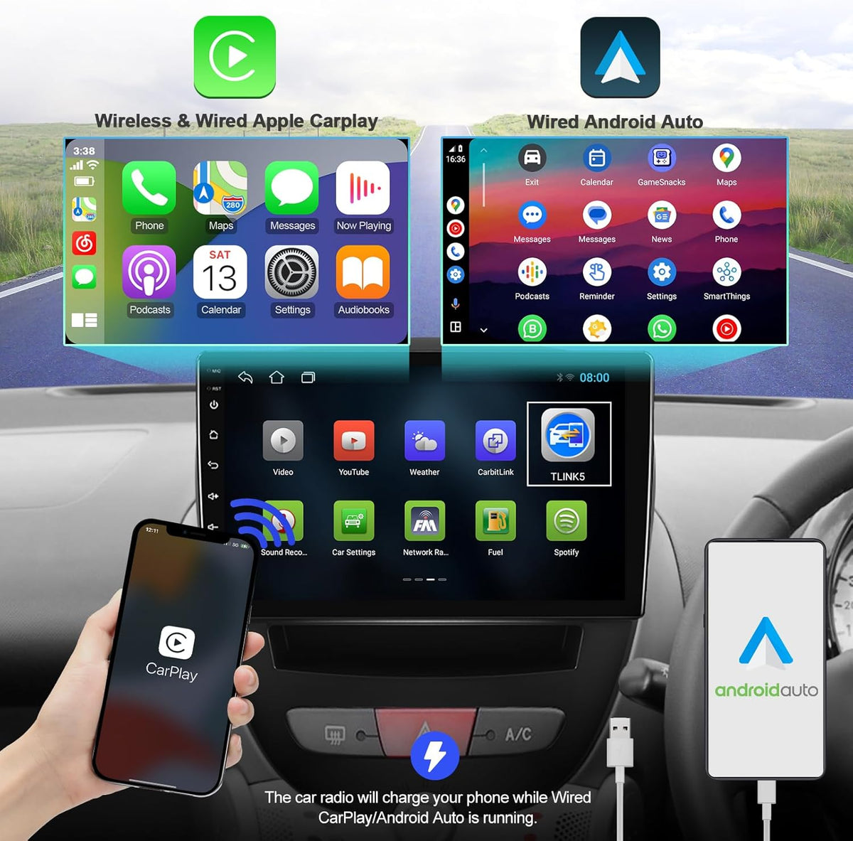 2G 64G Android 14 Car Stereo Android Multimedia Radio for Peugeot 107/Toyota Aygo/Citroen C1 2004-2014 Wireless Carplay, Android Auto GPS Navigation SWC+ Backup Camera