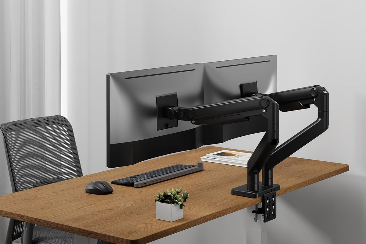 DIGITUS monitorbeugel – 2 schermen – tot 45 inch – draagvermogen 20 kg – mechanische veer – voor platte en gebogen monitoren – VESA 75x75 100x100 – draaien, zwenken, kantelen – zwart