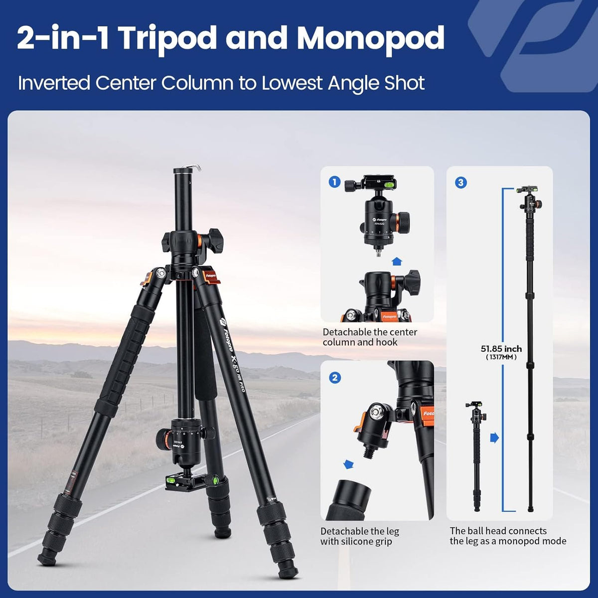 Horizontaal camerastatief – Driepoot – Fotostatief – Tripod – Monopod – 2-In-1 Met 360° Draaibare Middenkolom En Draagkracht Tot 10 Kg