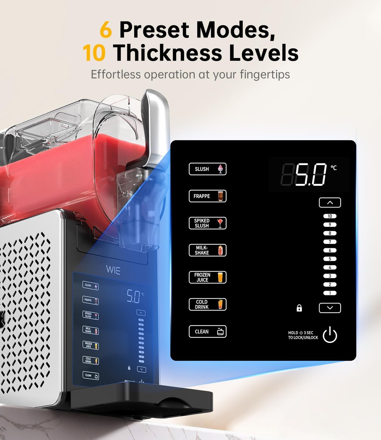 WIE Slush-machine, ijsmachine, dessertmachine, milkshake, frappé wijn, automatische reiniging, 2 liter inhoud, turbo freeze, geen ijs nodig