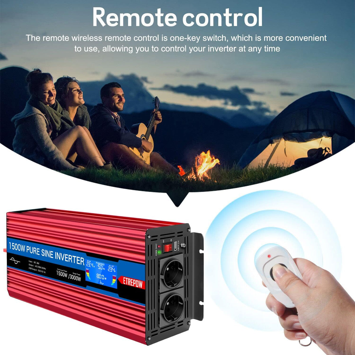 1500W 24V naar 230V Pure Sinus Volt Auto spanningsomvormer Omvormer Converter Pure Sine Wave Power Inverter DC AC omvormer (Draadloze afstandsbediening, display)