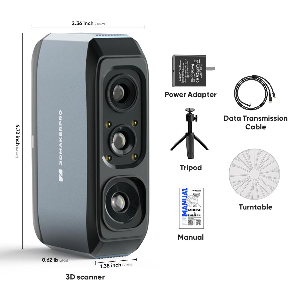 3D-scanner met 0,03 mm nauwkeurigheid, 0,07 mm resolutie, 24-bits kleurencamera, anti-shake lenzen, compatibel met Windows/MacOS, draagbare 3D-scanner voor 3D-printen [3DMakerpro Moose Premium Kit]