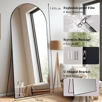 Grote Staande Spiegel – Vloerspiegel – Full Body Spiegel – Staande Spiegel – Vrijstaande Spiegel – Boogvormig Design – 180 x 76 cm – Zwart Aluminium Frame Met Goudkleurige Rand