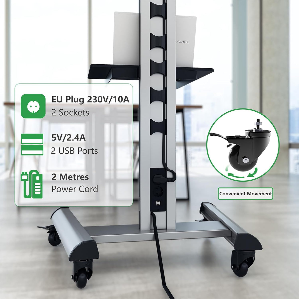 Mobiele tv-standaard met plank – Verrijdbaar tv-meubel, tv-standaard, tv-houder, tv-beugel – Zwart – Voor 32-75 inch – In hoogte verstelbaar tot 211 cm met stopcontacten en USB-poorten