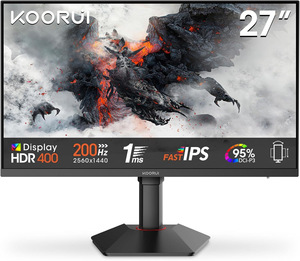 KOORUI G2722P 27 Inch Gaming Monitor,200Hz, IPS, QHD 1440P, 1ms, Adaptive Sync, Lifting Adjustable, VESA Mountable, HDMI/DP, Low Blue Light, 99% SRGB - QUORE