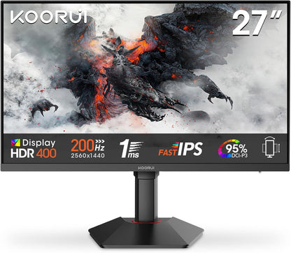 KOORUI G2722P 27 Inch Gaming Monitor,200Hz, IPS, QHD 1440P, 1ms, Adaptive Sync, Lifting Adjustable, VESA Mountable, HDMI/DP, Low Blue Light, 99% SRGB - QUORE