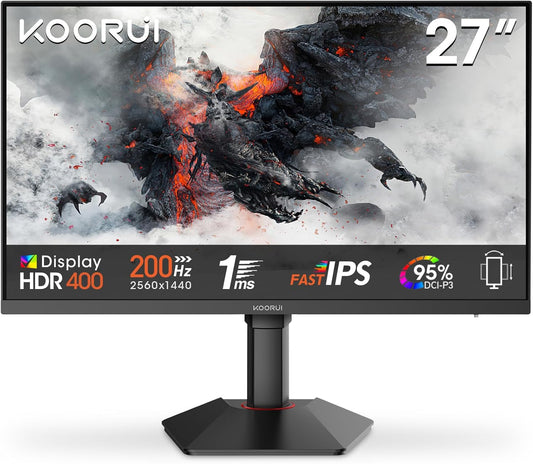 KOORUI G2722P 27 Inch Gaming Monitor,200Hz, IPS, QHD 1440P, 1ms, Adaptive Sync, Lifting Adjustable, VESA Mountable, HDMI/DP, Low Blue Light, 99% SRGB - QUORE