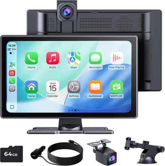CarPlay Draagbaar autoscherm, IPS HD, 9 inch, draadloos CarPlay en Android Auto Touchscreen met SuperLink camera, 4K achteruitrijcamera, 1080p gesp opname