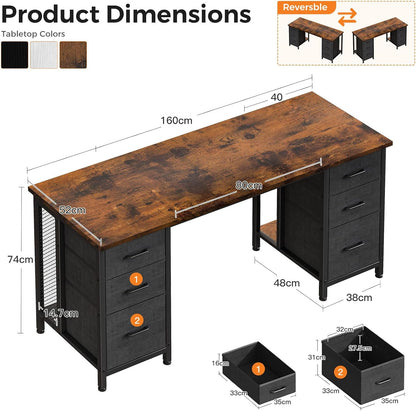 Coleshome Bureau met 6 lades, 160x52 cm Bureau met opslagruimte, Computerbureau met Planken voor Thuiskantoor, Bruin