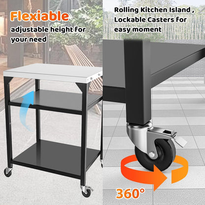 GFTIME Pizza tafelwagen voor Ooni, Ninja Woodfire, Blackstone Griddle, Weber Q, grote rollende keukeneiland-multifunctionele wagen, outdoor grillstandaard, roestvrij staal, grilltafel, grillwagen met