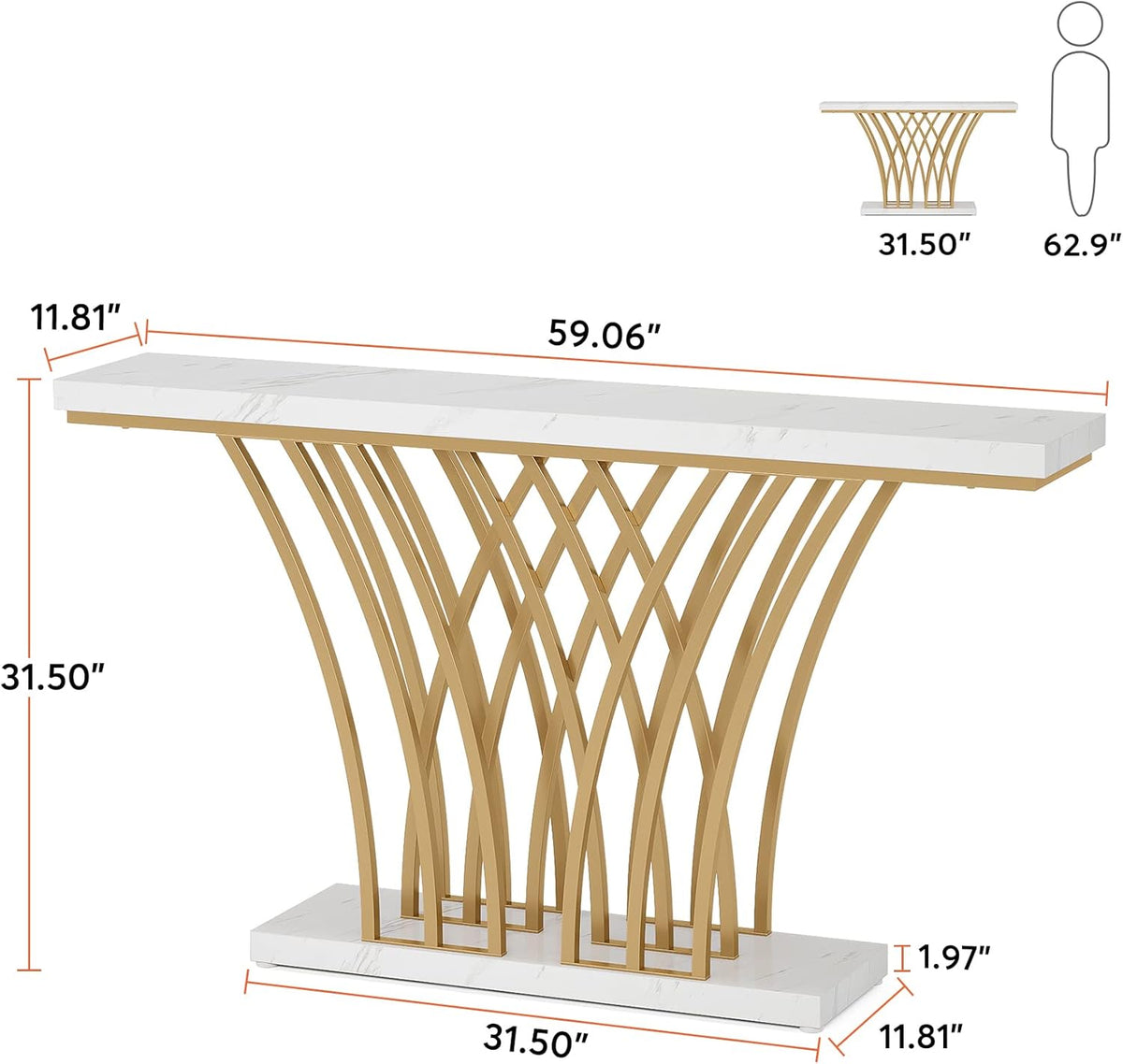 Tribesigns Gold Console Table, 150 x 29.5 x 80 cm Modern Entrance Table with Grid Metal Base for Entrance, Hallway, Front Room, Living Room (White and Gold)