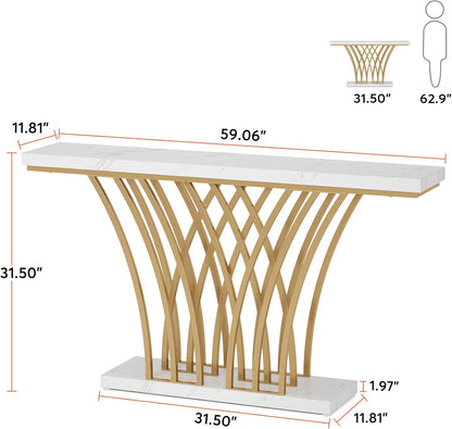 Tribesigns Gold Console Table, 150 x 29.5 x 80 cm Modern Entrance Table with Grid Metal Base for Entrance, Hallway, Front Room, Living Room (White and Gold)