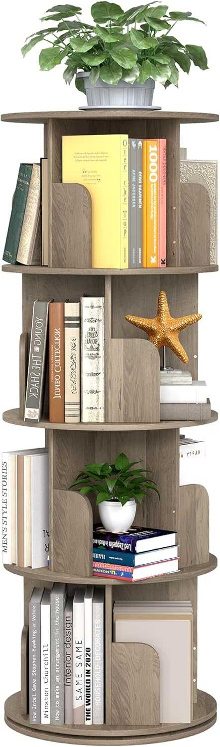 Rotating Bookshelf 360° Rotatable Bookcase for Kids Room Freestanding Rotating Bookcase Multifunctional Display Organizer for Home Study Bedroom (4 Tier | Oak | - QUORE