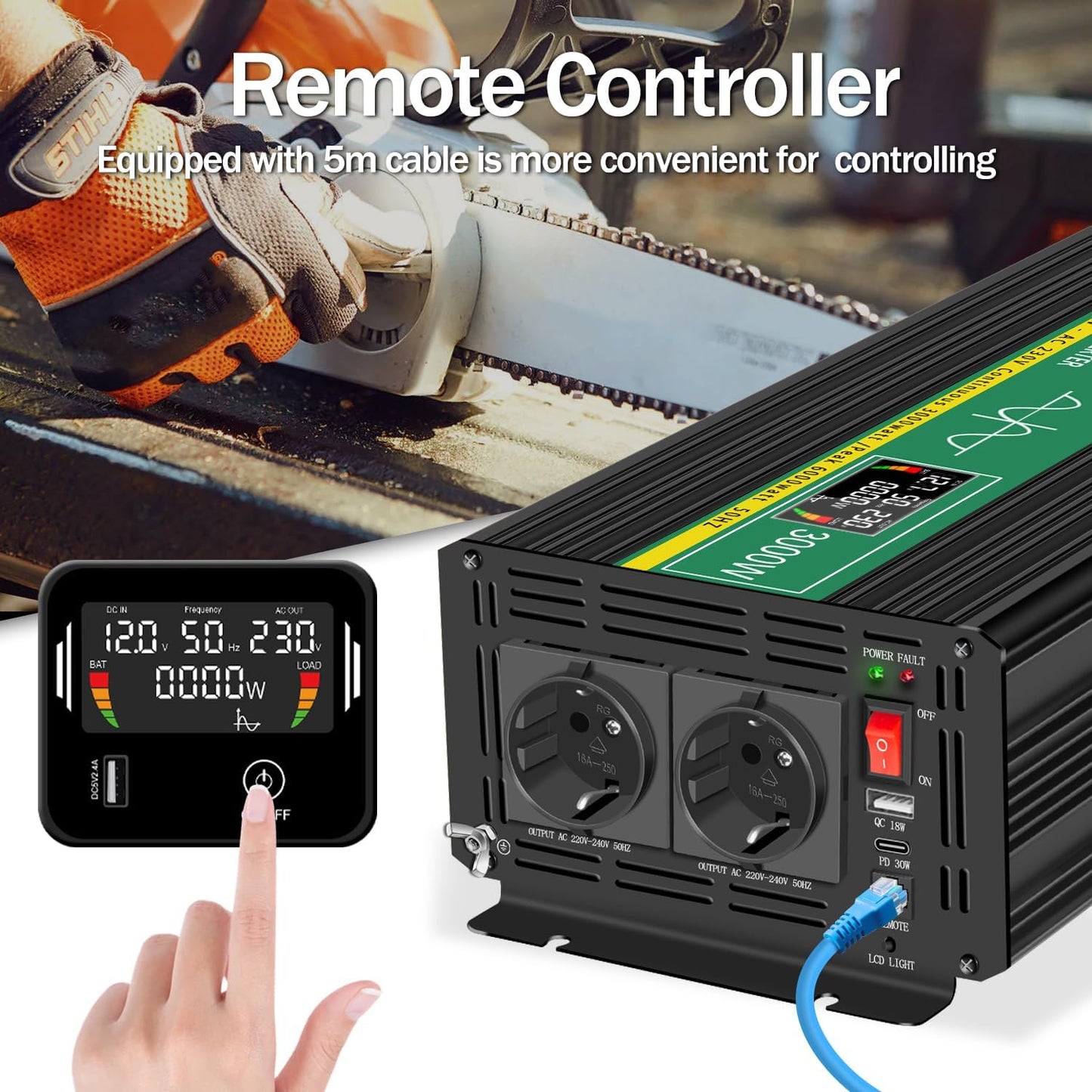 JIGUUN 3000W/6000W omvormer 12v naar 230v zuivere sinus Converter power inverter met afstandsbediening LCD-scherm 2 Eu-stopcontact & 1 USB-poort voor auto, camping, reizen,noodgeval