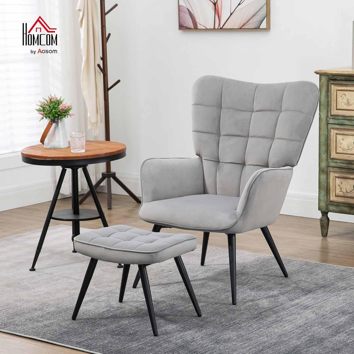 HOMCOM Armchair with footstool, lounge chair, lounge chair, upholstered chair with velvety look, TV chair, dining chair up to 120 kg for living room, light grey. - QUORE