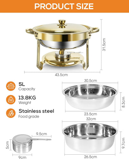 Gouden Chafing Dish Buffet Set 5L [Robuust en Eenvoudig te Monteren], 4-Pack Ronde Chafing Dishes, RVS Warmhoudbakken [Elegant Goud en Zilver], Voedselwarmer voor Catering Buffet en Elk Feest