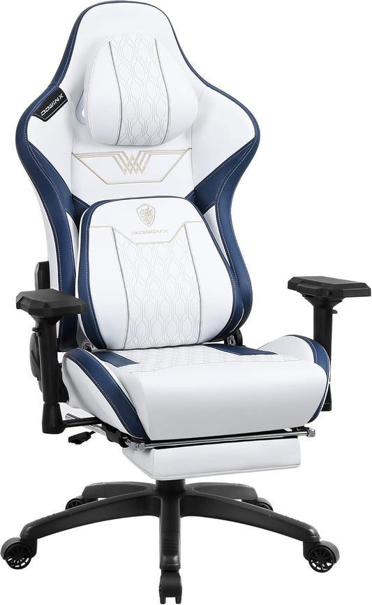 Dowinx Gaming Chair with 4D Armrests, Ergonomic Gamer Chair with Footrest, Office Chair, PU Leather, Comfortable Lumbar Support, Large and High, 180 kg, White - QUORE