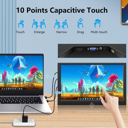 Kenowa Touch Screen Portable Monitor, 13.3 Inches, FHD 1080P External Monitor, HDMI, VGA, Portable Touchscreen, Built-in, Anti-Peep Display/Speaker/Stand for PC, Ras Pi, Laptop, PS4 - QUORE