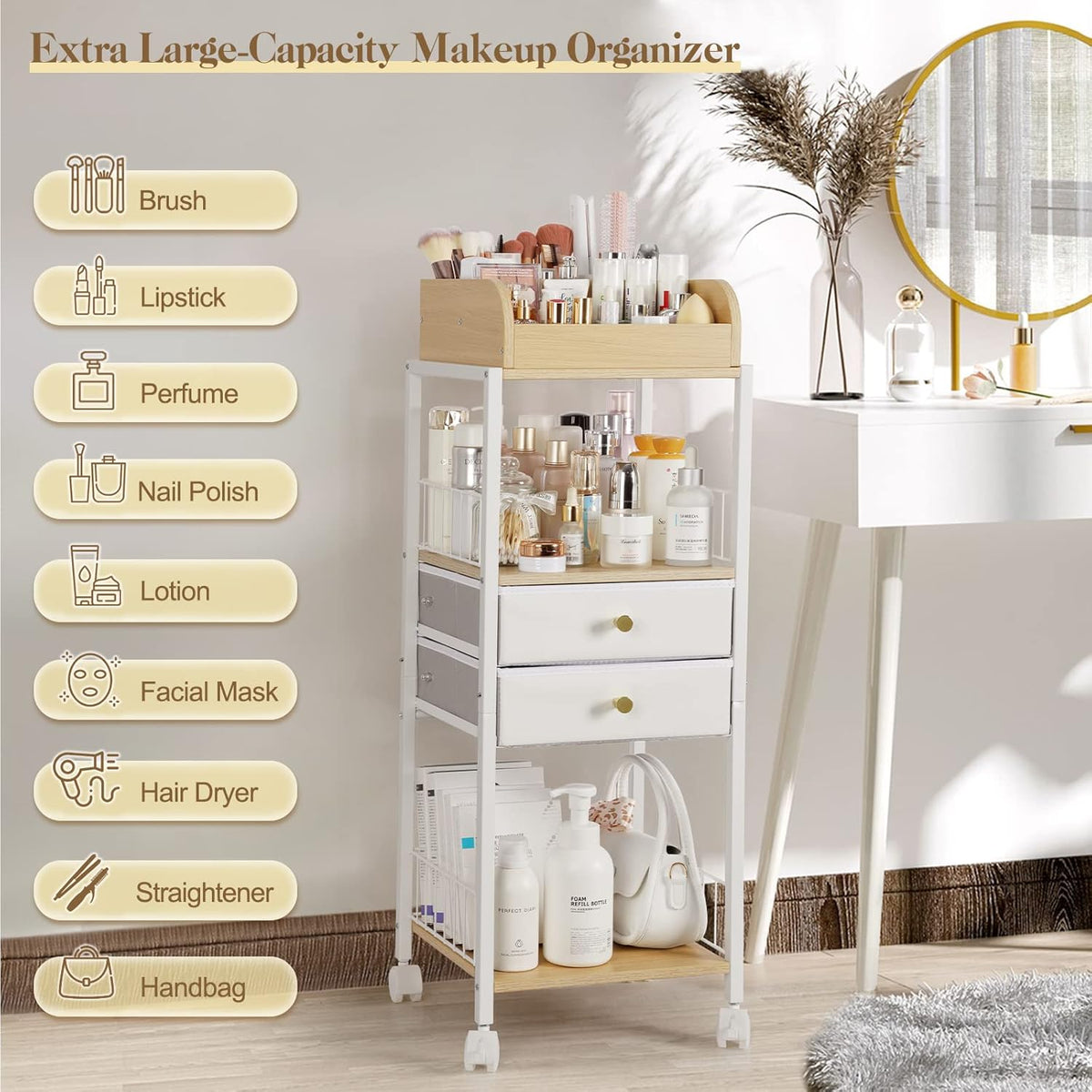 Bikoney Make-up-organizer met laden en wielen - staande wagen voor huidverzorging, parfum, nagellak, haargereedschap, grote cosmetische opbergunit voor slaapkamer of badkamer