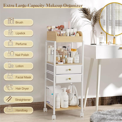 Bikoney Make-up-organizer met laden en wielen - staande wagen voor huidverzorging, parfum, nagellak, haargereedschap, grote cosmetische opbergunit voor slaapkamer of badkamer