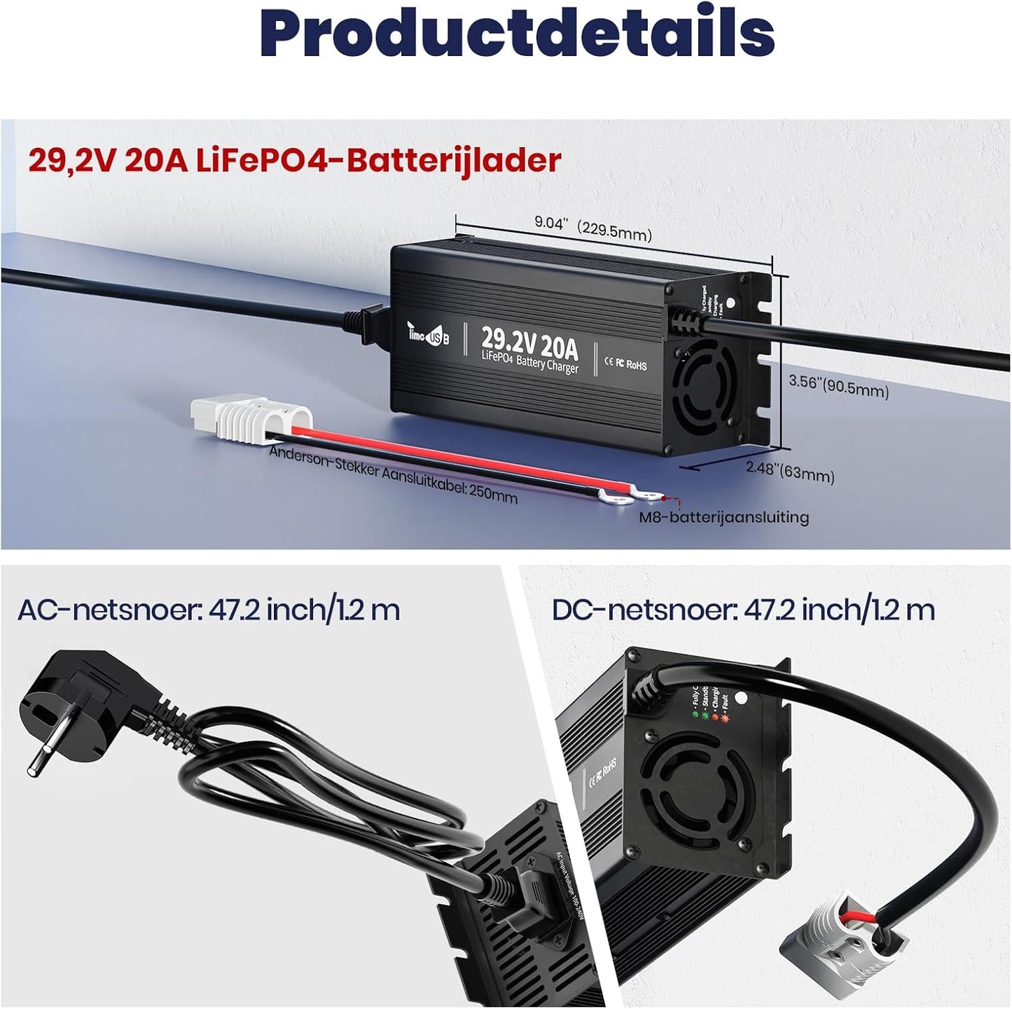Acculader 24V LiFePO4 – Lithium Acculader – Batterijlader – Oplader 24 Volt – Battery Charger – 29,2V 20A – 0V Laadfunctie – Veiligheidsbeveiliging