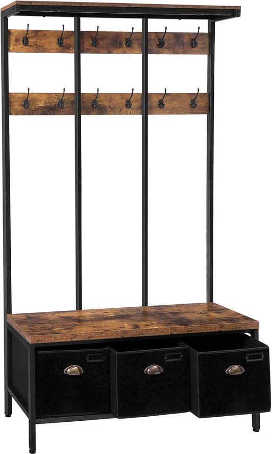HOOBRO Kapstok, Grote garderobe, Gangboom met 12 haken, 3 opbergkasten, Schoenenbank, Stabiel, Industriële stijl, Voor entree, Woonkamer, Slaapkamer EBF33MT01