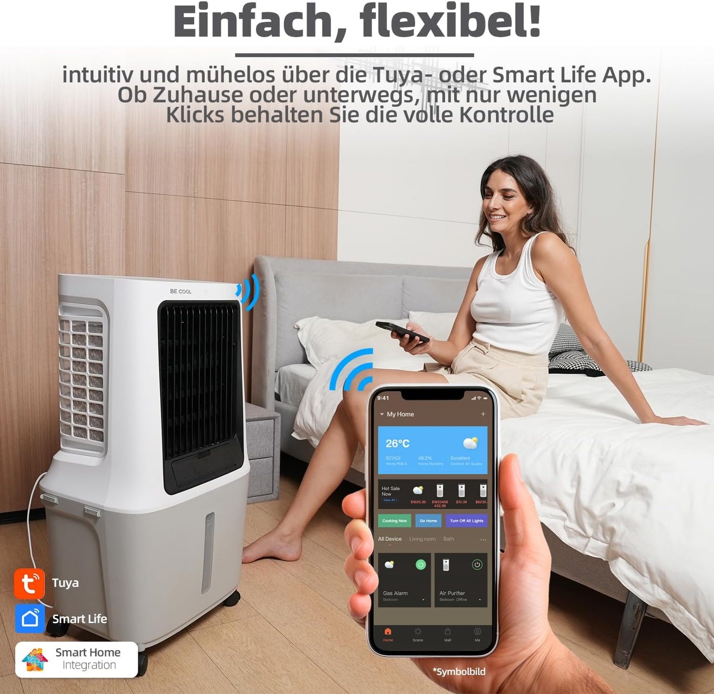 BE COOL BC30ACP2501W Luchtkoeler, waterreservoir van 30 liter, 120 W, wifi-bediening, 1800 m³/h luchtcirculatie, 15 m bereik, droogluchtfunctie, led-display, timer, afstandsbediening