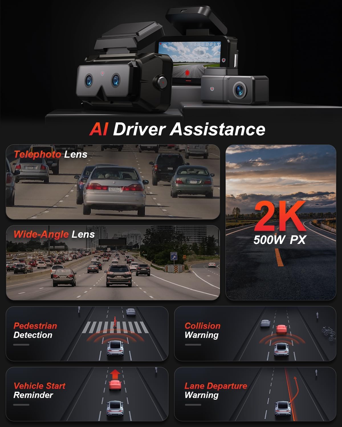 AKEEYO-EYES 2K 5 GHz WiFi dashcam voor en achter, 4 inch IPS touchscreen, dashcamera voor auto, 3 kanalen dashcam, GPS, ADAS & BSD, nachtzicht, WDR, spraakbediening, app, G-sensor, 24H parkeermodus +