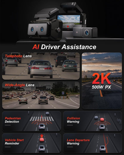 AKEEYO-EYES 2K 5 GHz WiFi dashcam voor en achter, 4 inch IPS touchscreen, dashcamera voor auto, 3 kanalen dashcam, GPS, ADAS & BSD, nachtzicht, WDR, spraakbediening, app, G-sensor, 24H parkeermodus +