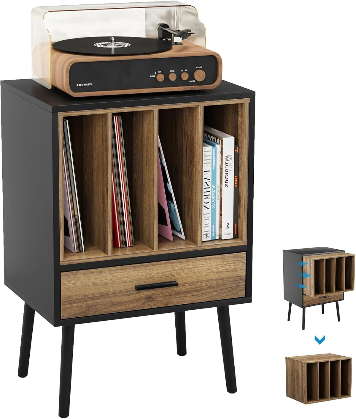 Semiocthome Platenspelerstandaard met opbergkist van vinyl voor maximaal 160 albums, platenspelertafel met lade en massief houten poten, bijzettafel voor draaitafels voor woonkamer slaapkamer
