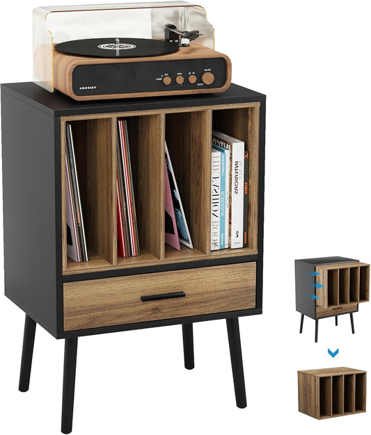 Semiocthome Platenspelerstandaard met opbergkist van vinyl voor maximaal 160 albums, platenspelertafel met lade en massief houten poten, bijzettafel voor draaitafels voor woonkamer slaapkamer