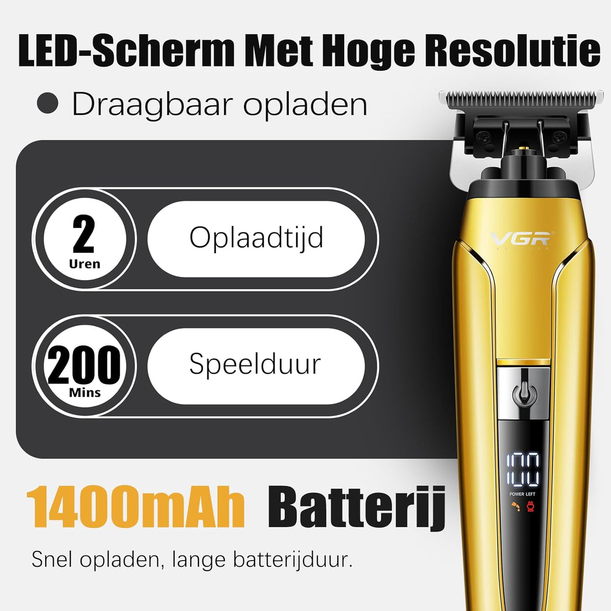 VGR 694 Professionele Tondeuseset, Draadloze Tondeuse voor Mannen, Trimmer en Scheerapparaatset met Magnetisch Laadstation, Kappersset met Keramisch Koolstofstalen Mes en LED Display, Goud