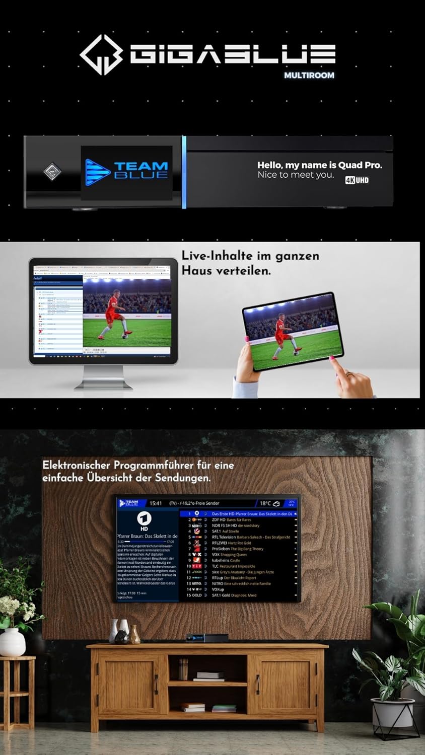 GigaBlue UHD Quad 4K Pro – PVR-ontvanger met HBB-TV, Bluetooth 5.4, 2 x FBC DVB-S2 tuner, Gigabit LAN (zonder HDD)