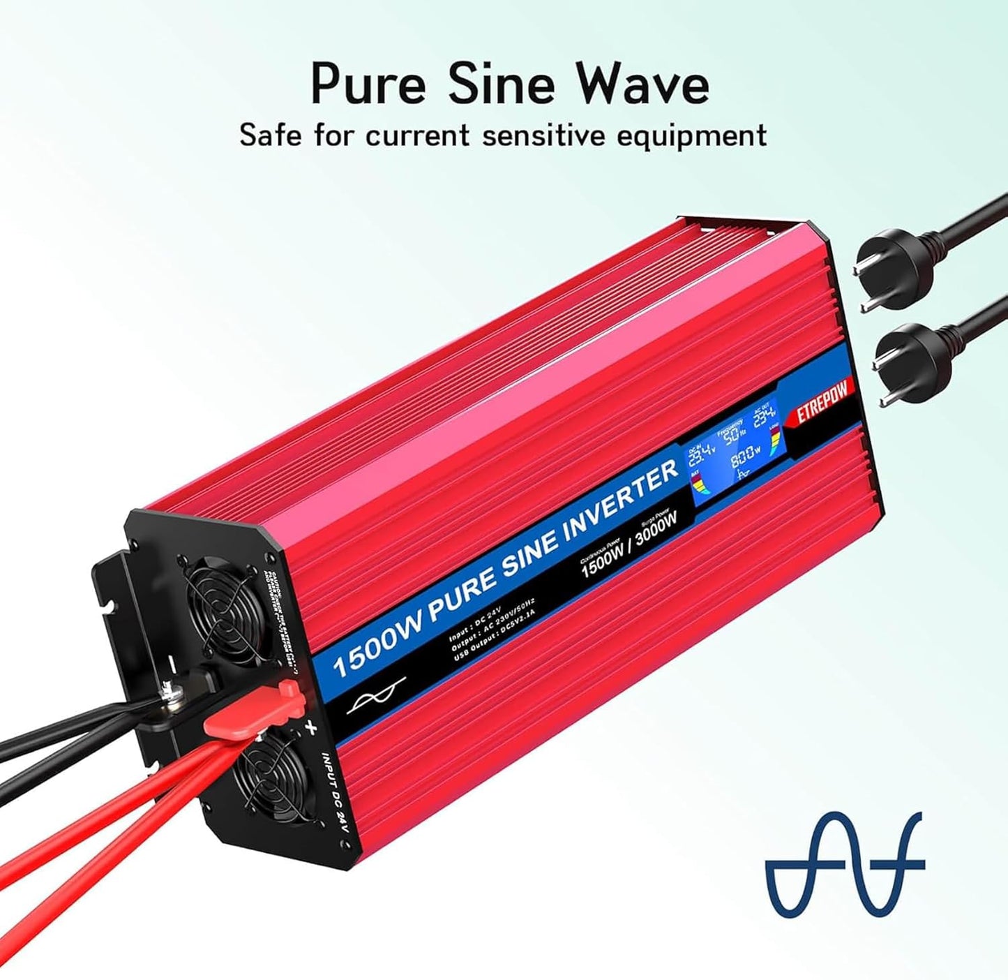 Omvormer 1500W /3000W 24V naar 230V Pure Sinus Volt ETREPOW Auto spanningsomvormer Omvormer Converter Pure Sine Wave Power Inverter DC AC omvormer (Draadloze afstandsbediening, display)
