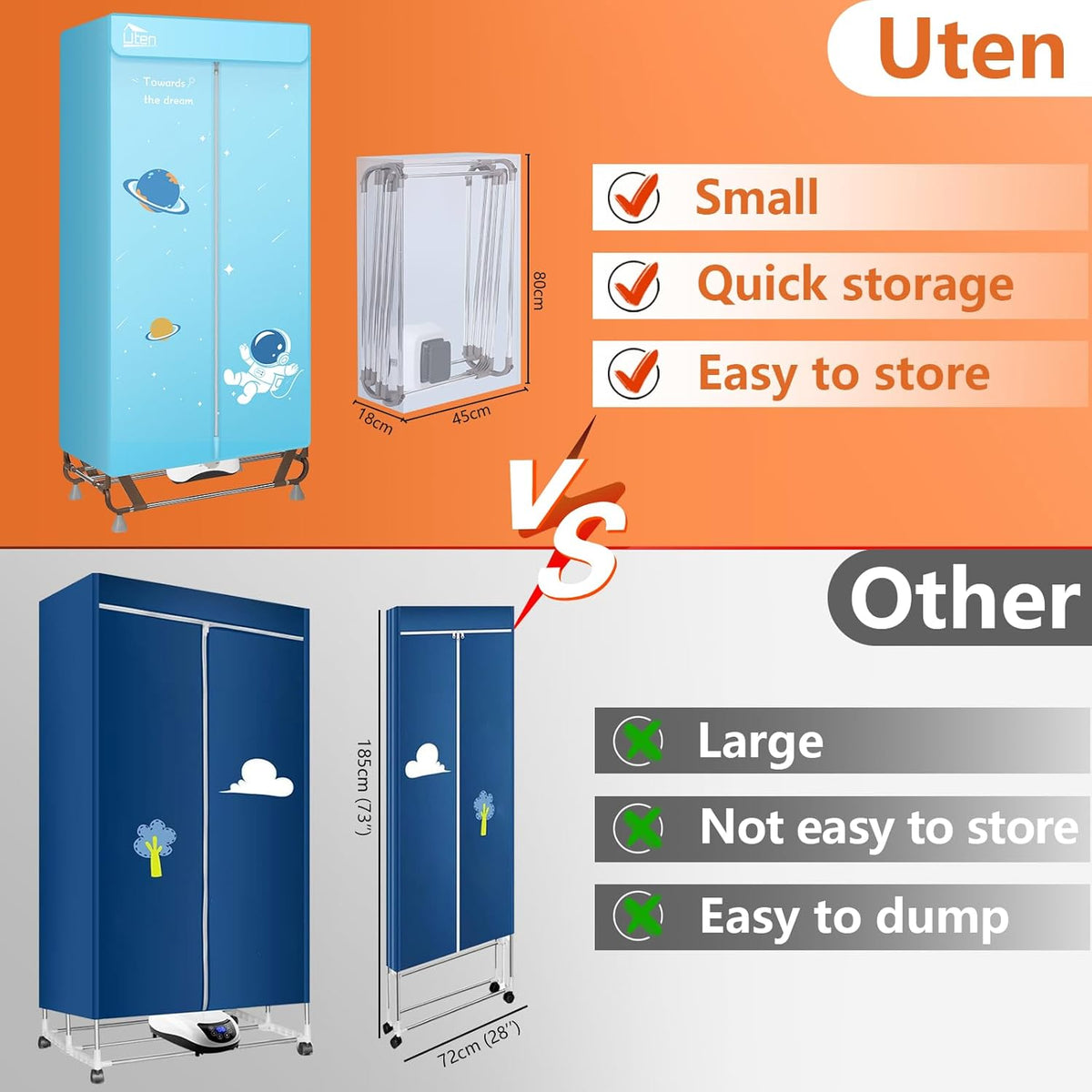 Elektrische Draagbare Wasdroger – Kledingkast – Droogmachine – Wasrek – Geen Installatie Nodig – Grote Capaciteit 170 cm – 1500 W – Blauw