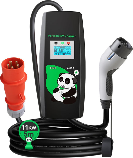 Mobile Wallbox 11KW met plug & play, 5 m, 16 A, 3-fase, instelbare stroom & timer, type 2 oplaadkabel met CEE-stekker, draagbare e-auto-oplader voor IEC 62196-2