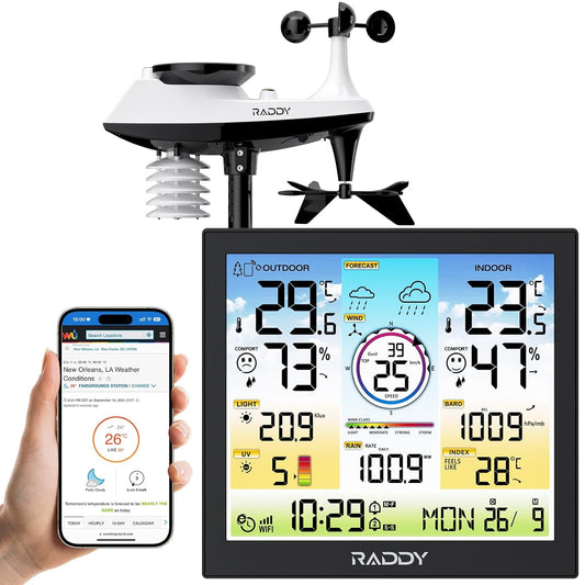 Raddy WF-120C Professioneel draadloos WiFi-weerstation, temperatuur- en vochtigheidsmeter voor binnen en buiten met 7-in-1 buitensensor, regenmeter, windsnelheid, weersvoorspelling, UV- en lichtindex