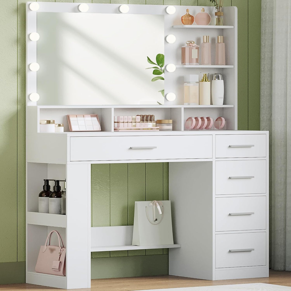 Hzuaneri Dressing Table with Large HD Mirror, Dressing Table with LED Light, 6 Open Compartments, 5 Drawers and Side Open Storage Space, Bedroom Dressing Room, Simple, White DT42603XEU