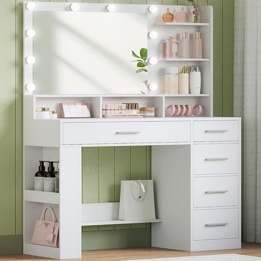Hzuaneri Dressing Table with Large HD Mirror, Dressing Table with LED Light, 6 Open Compartments, 5 Drawers and Side Open Storage Space, Bedroom Dressing Room, Simple, White DT42603XEU