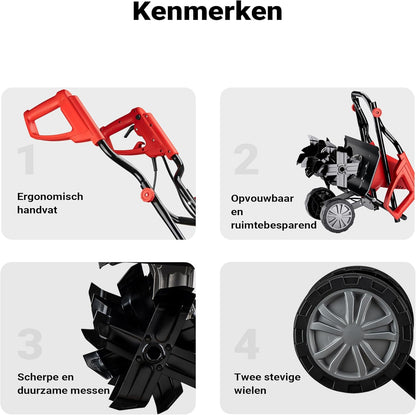 Wiltec elektrische tuinfrees 1500 W, grondfrees met 400 toeren per minuut, grondfreesmachine met 220 mm werkdiepte, bodemfrees voor tuinwerkzaameden, freesmachine voor tuin en grond, cultivator