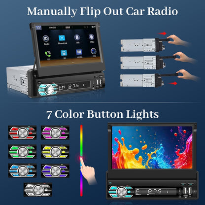 1 Din Car Radio with Extendable Display with Wireless Carplay and Android Car - 7 Inch Car Radio Carplay Support Mirror Link USB Type C + AHD Rear Camera and Remote Control - QUORE