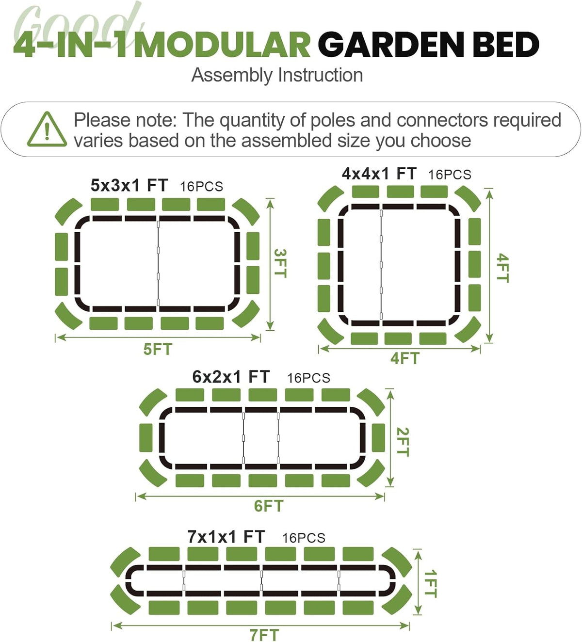 Verhoogde tuinbedset | 4-in-1 verstelbare gegalvaniseerde plantenbakken voor groenten, bloemen | 30,5 cm hoog, meerdere maten (5x3x0,3 ft, 4x4x0,1 ft, 6 x 2 x 1 ft, 6 x 2 x 1 ft, 7 x 1 x 1 ft) |