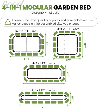Verhoogde tuinbedset | 4-in-1 verstelbare gegalvaniseerde plantenbakken voor groenten, bloemen | 30,5 cm hoog, meerdere maten (5x3x0,3 ft, 4x4x0,1 ft, 6 x 2 x 1 ft, 6 x 2 x 1 ft, 7 x 1 x 1 ft) |
