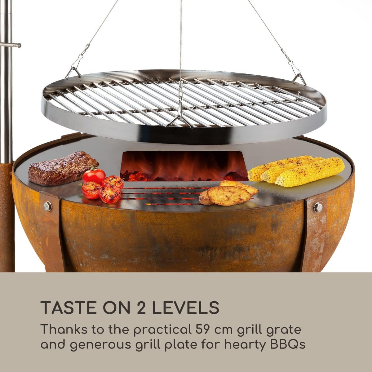 blumfeldt Fire Globe vuurschaal met grill, grillring: Ø 59cm, vuurschaal: Ø 60cm, grillrooster: Ø 59cm, afmetingen: 60 x 120cm (ØxH), used look: artificiële roestlook, traploos in hoogte verstelbaar, bruin
